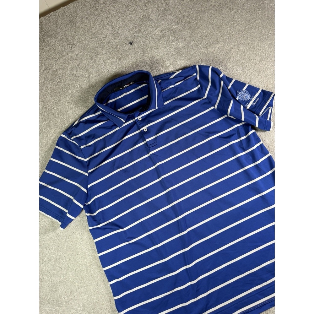 RLX Ralph Lauren Polo Shirt Mens XL Golf Blue Black Striped Wicking Logo Trump*